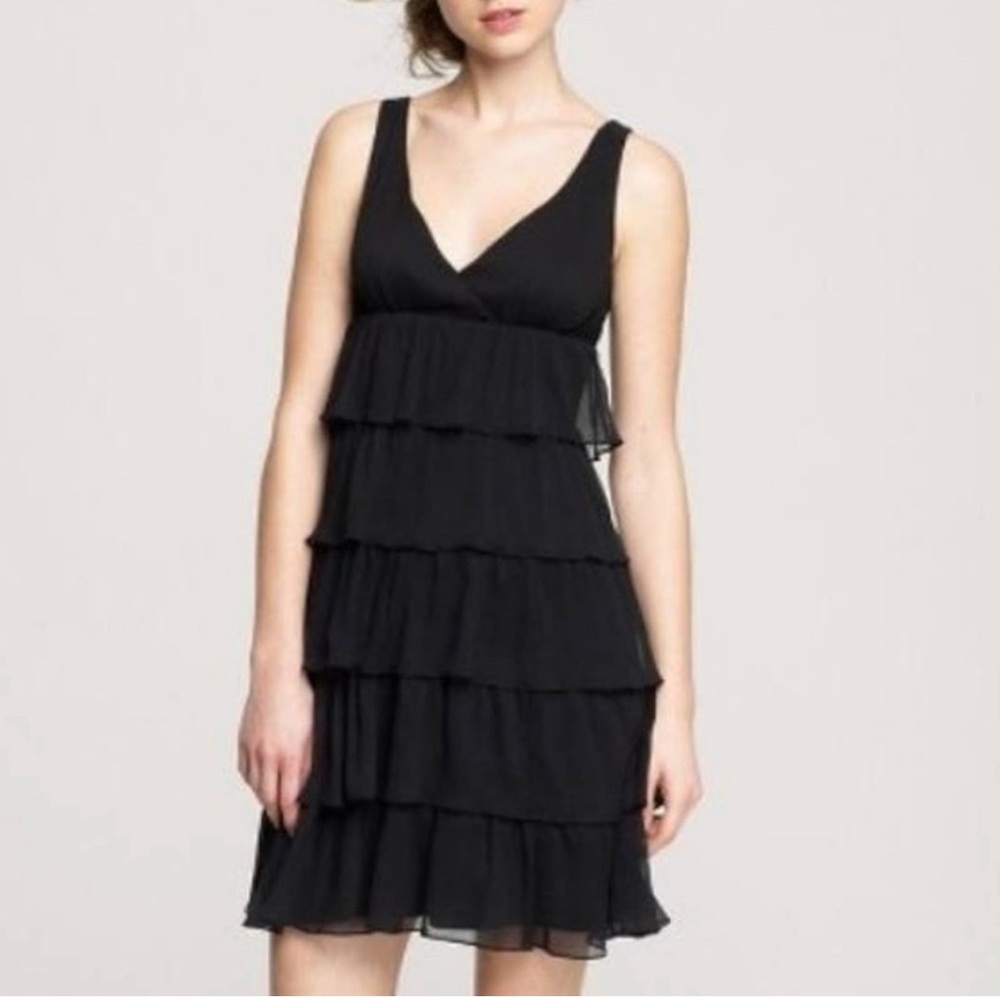 J. Crew Zadie 100% Silk Black Mini Dress Tiered Ruffle V-Neck Size 10 - Picture 1 of 10